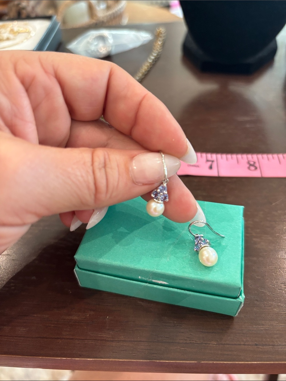Pearl and blue? Stone 1” dangle earrings.